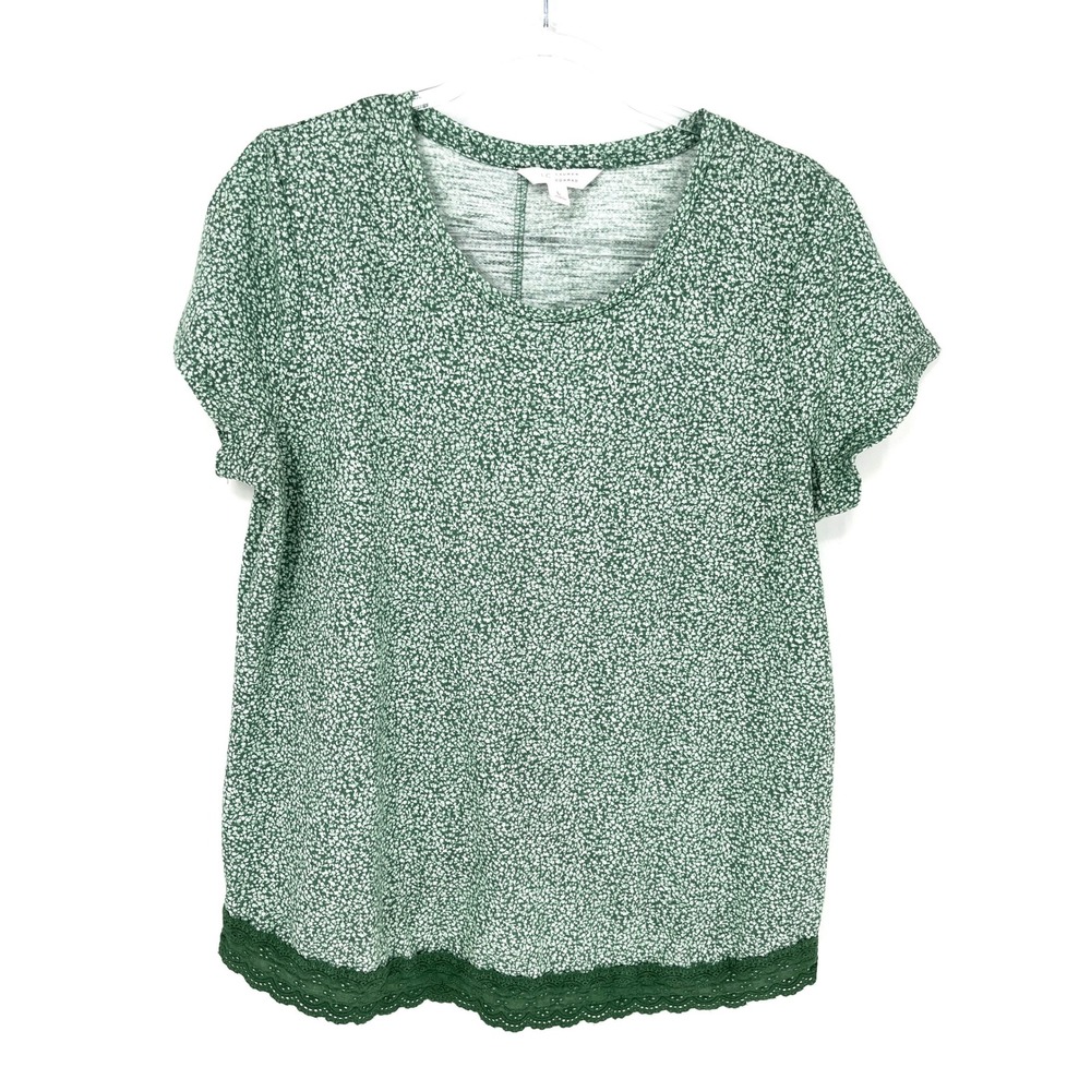 LC Lauren Conrad Green Ditsy Floral Top Womens L Crochet Trim Feminine Soft Girl